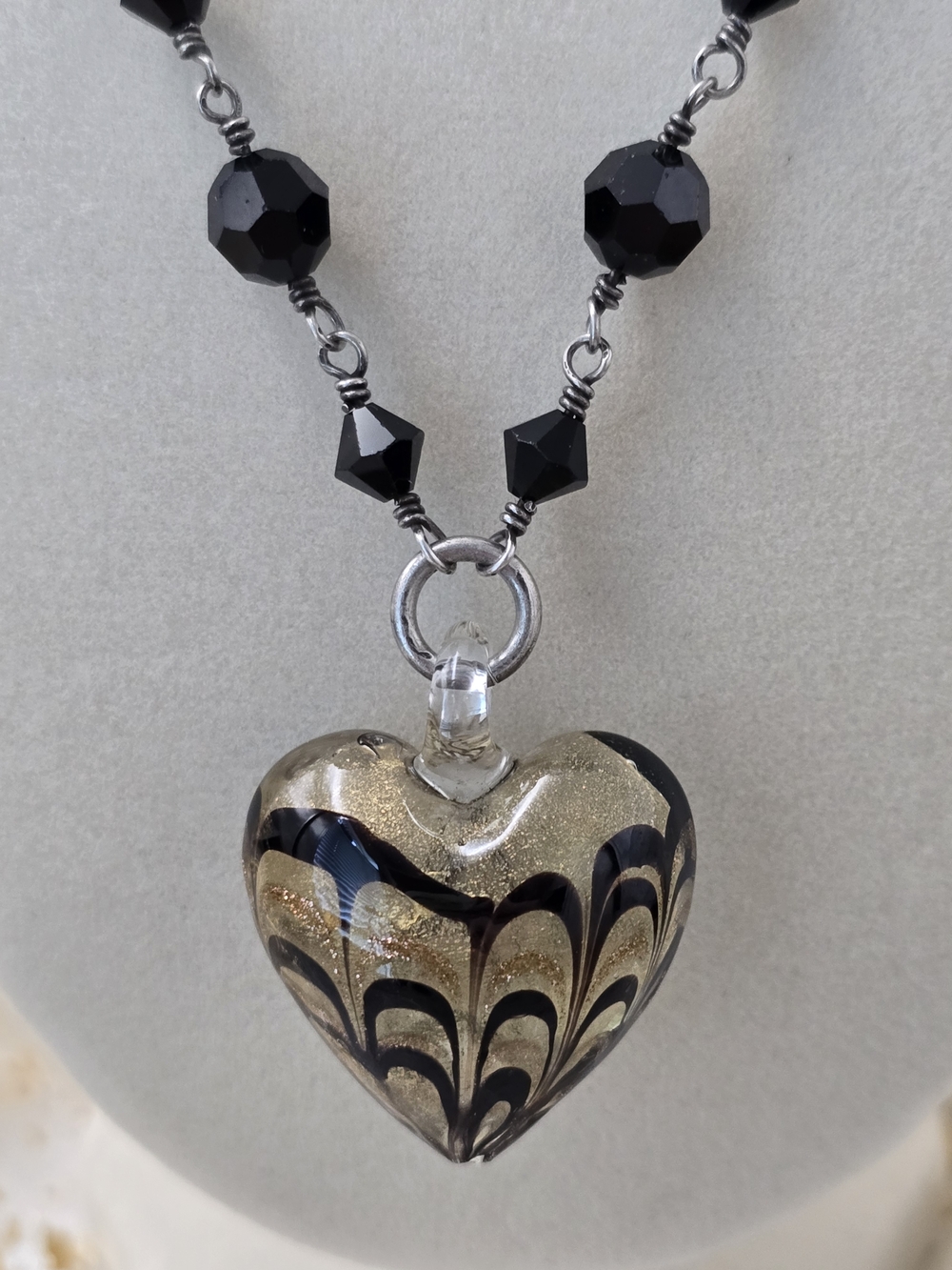 Sterling Art Glass Heart Pendant Handmade Black Beaded Necklace 925 Silver